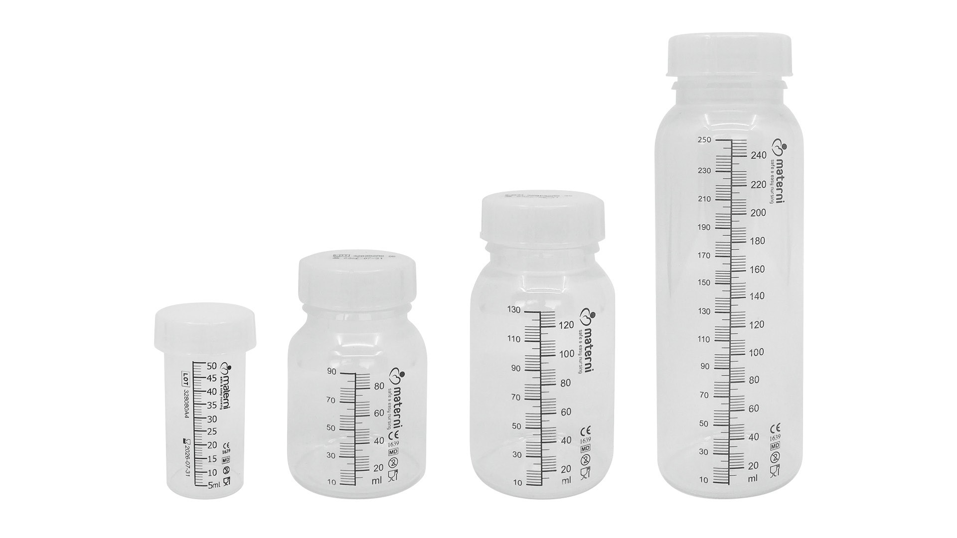 Babyflaschen von Materni in den Größen 50, 90, 130 und 250 ml